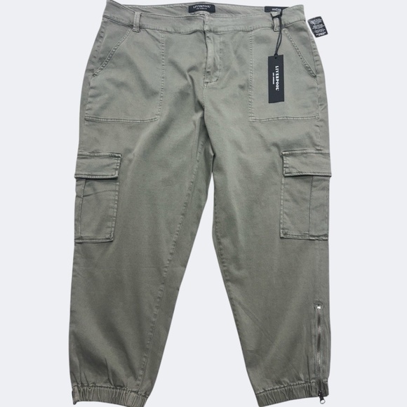 Liverpool Cargo Trouser Women 22W Army Green Zip Hem Joggers Utility Pockets - Picture 1 of 12